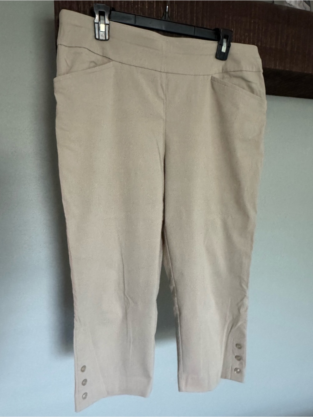 Chico's Beige Cropped Ponte Pants with Button Hem